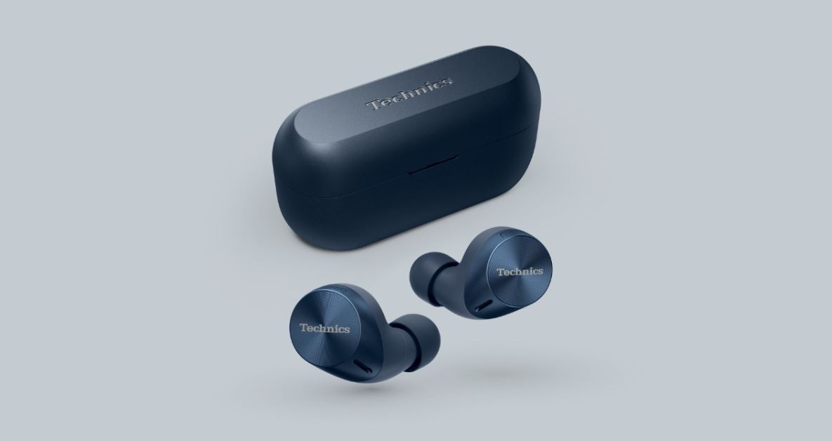 Technics wireless earbuds with charging case in dark blue colour